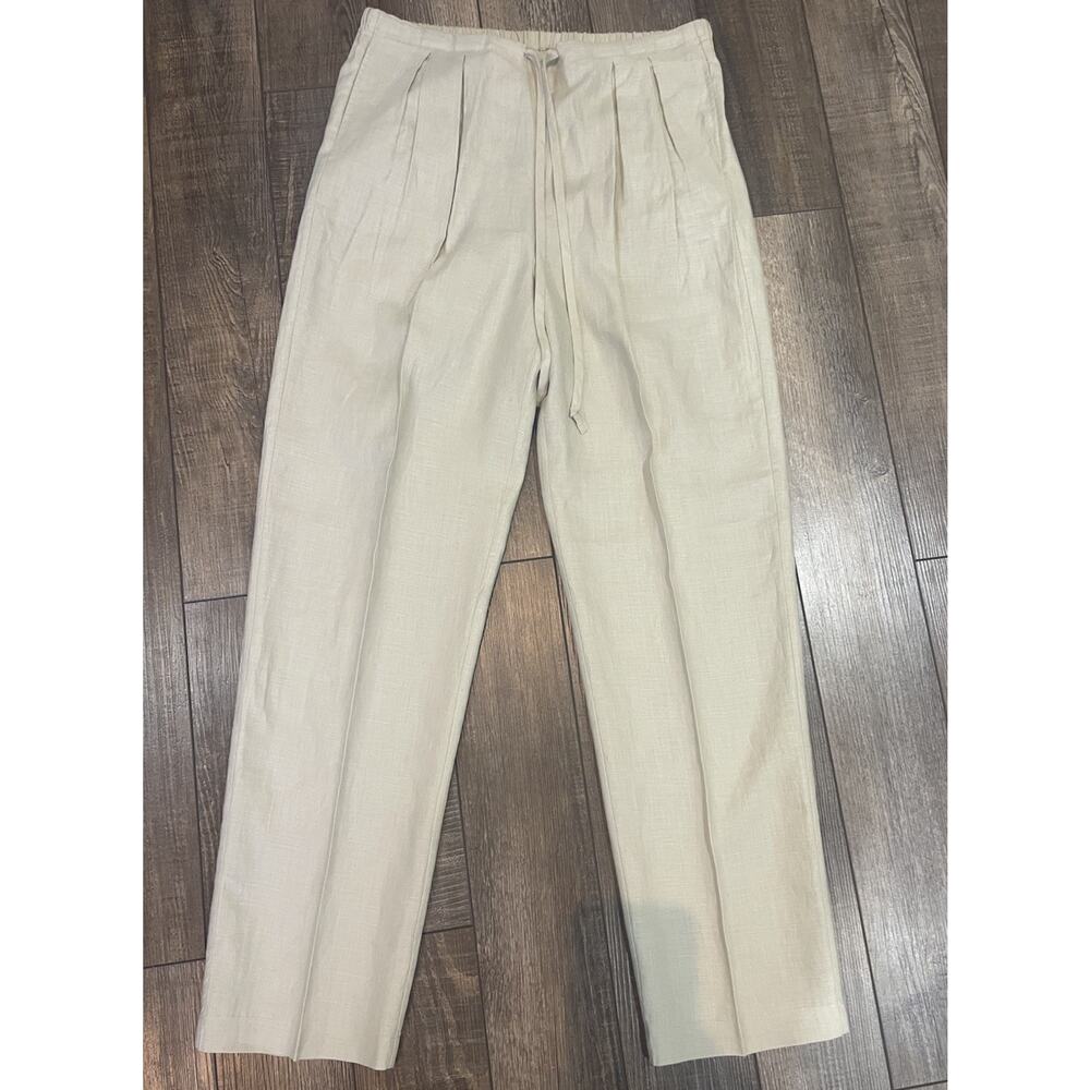 Vtg Valerie Stevens Pleated Drawstring Pants 100% Linen Tan Pockets Straight Leg